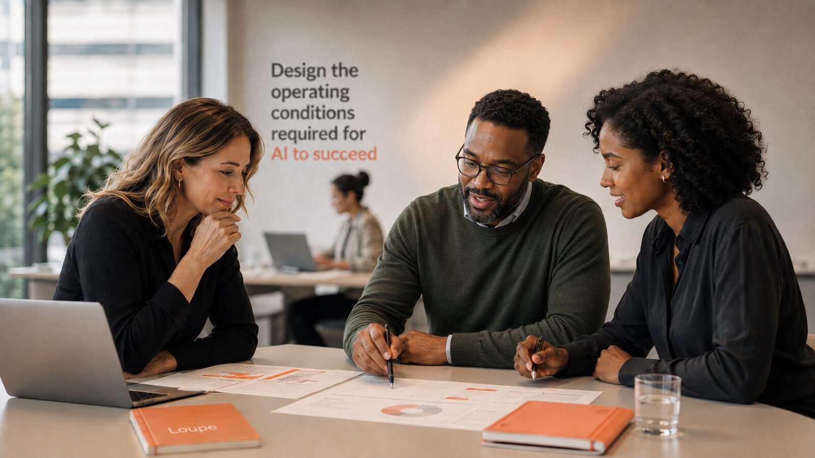 Three legal professionals in a focused boardroom discussion